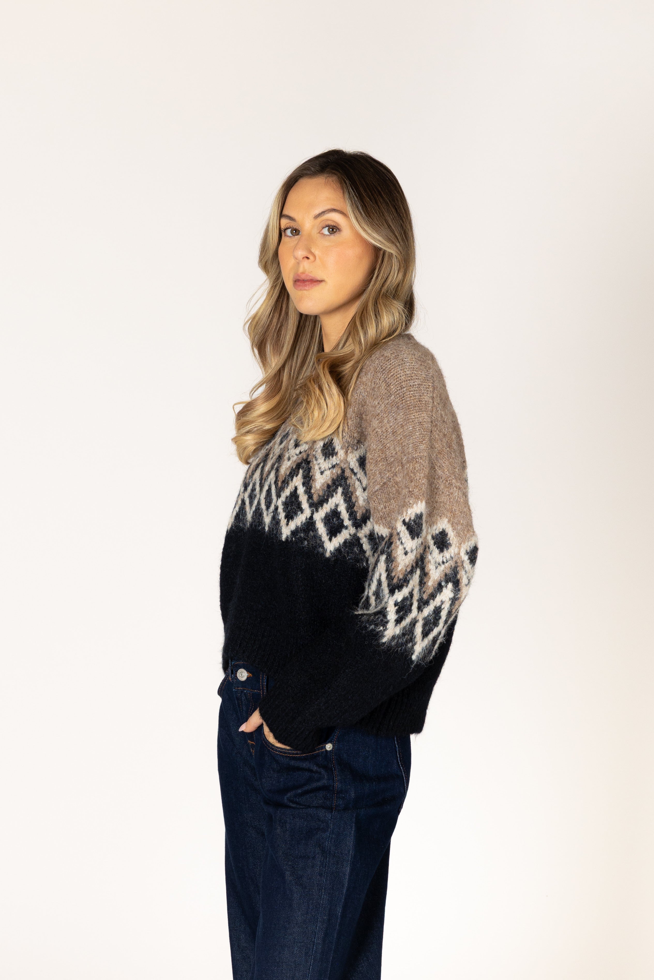 Lyla & Luxe Aria Fair Isle Crew Sweater in Camel/Black