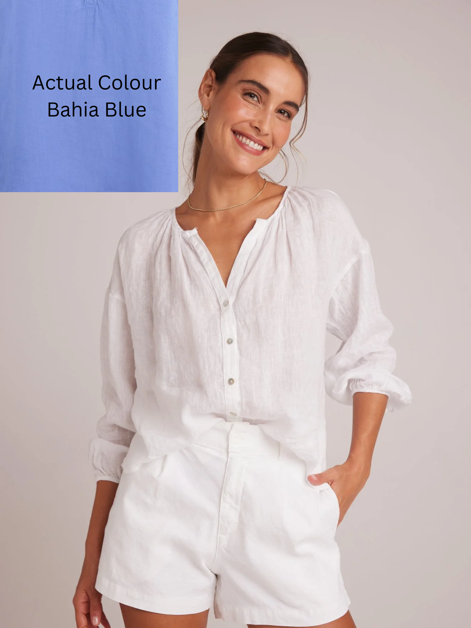 Bella Dahl Shirred Neck Linen Blouse in Bahia Blue