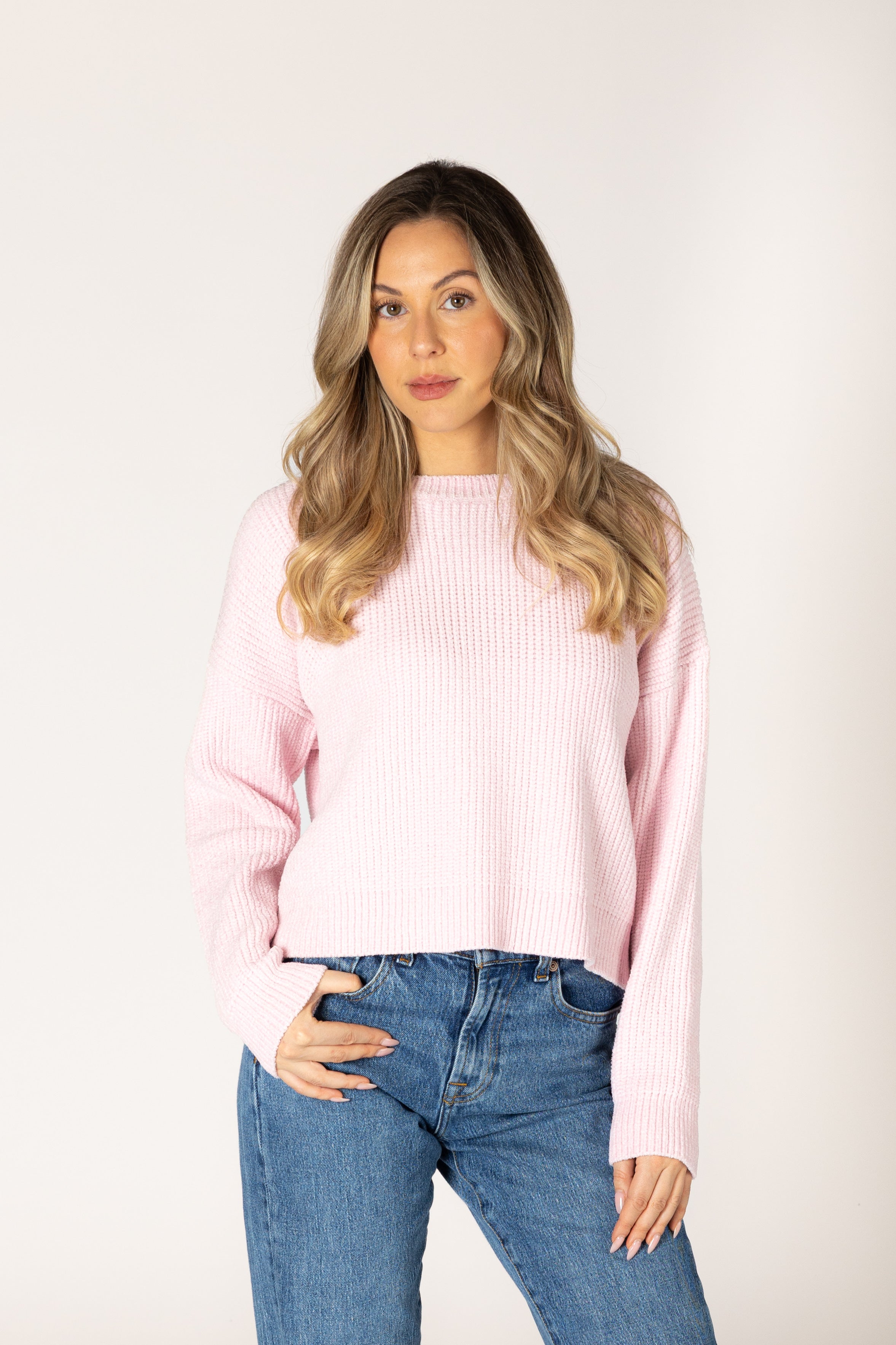 Lyla & Luxe Bobby Chenille Crew Rib Sweater in Rosita