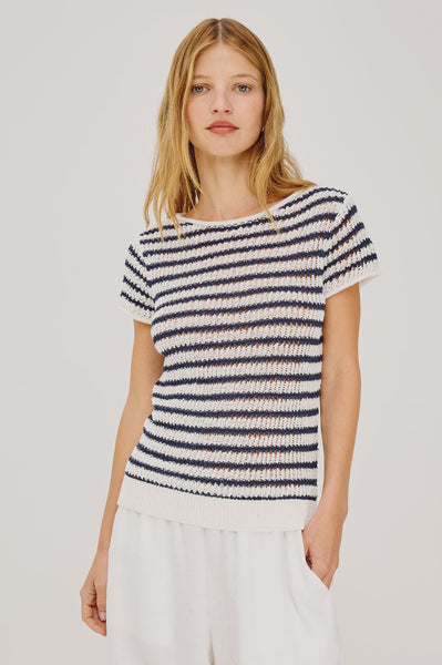 Rails Cady Linen-Blend Top in Ivory Indigo Stripe