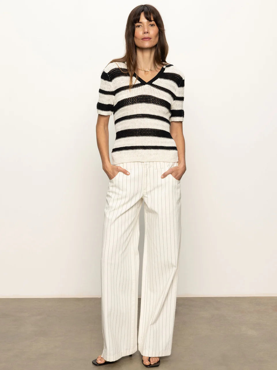 Sanctuary Knitted Collared Stripe Top in Black/Chalk