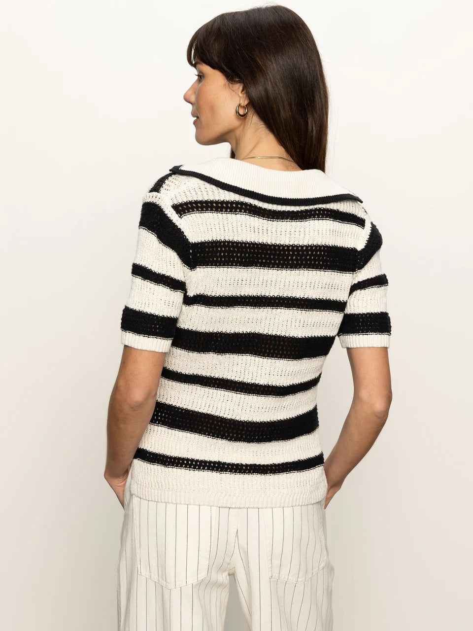 Sanctuary Knitted Collared Stripe Top in Black/Chalk