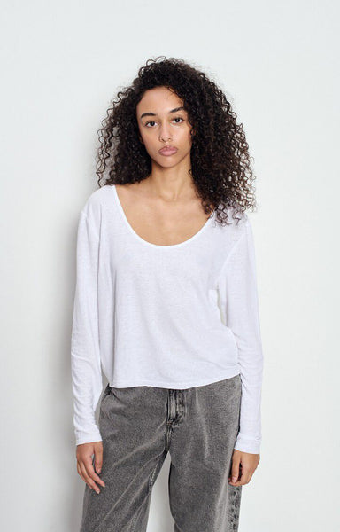 American Vintage DUALY Linen Long Sleeve T-Shirt in White