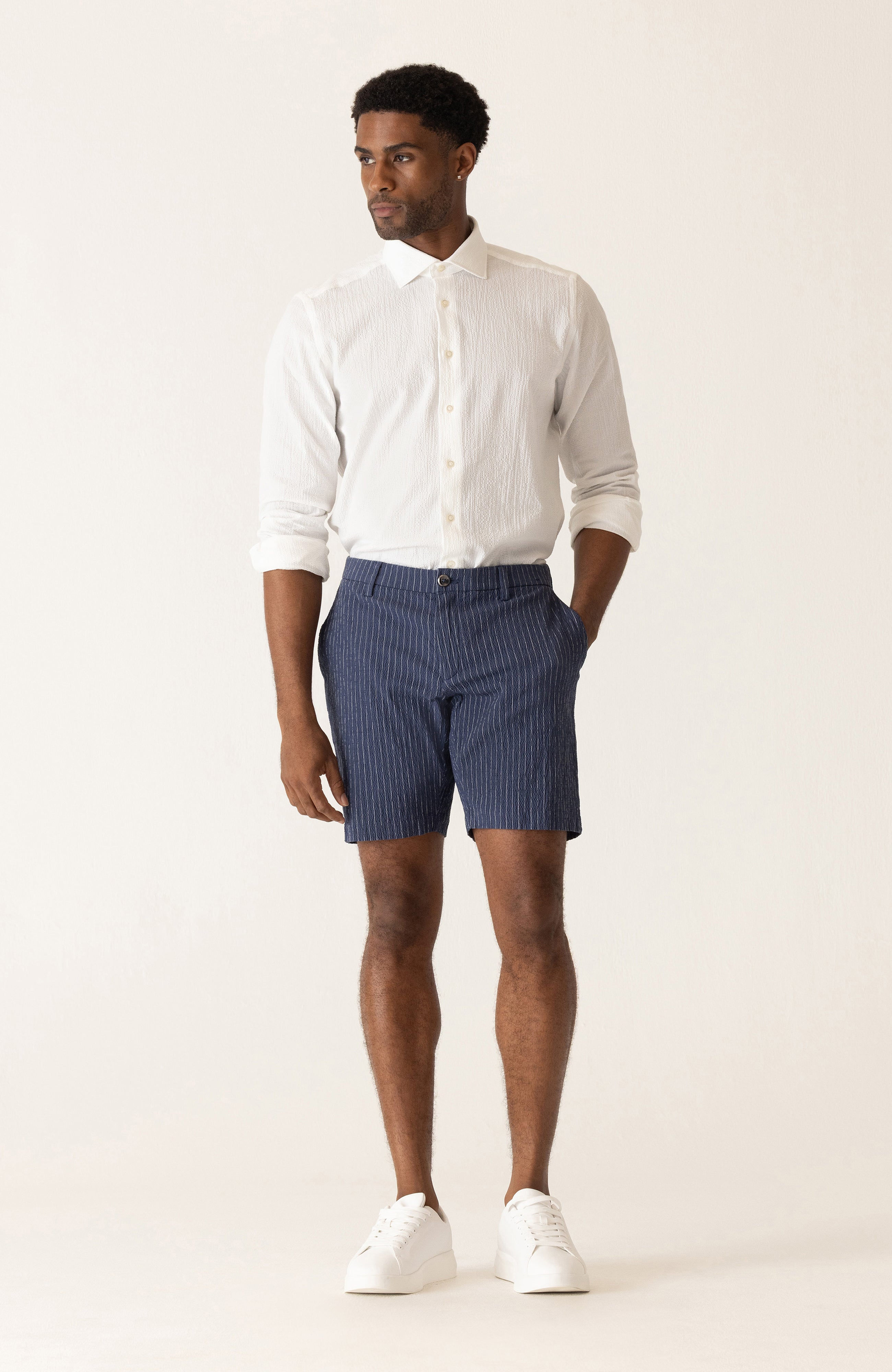 DEKE OASIS Bermuda Short in Supernatural Seersucker - Indigo/Natural Pinstripe