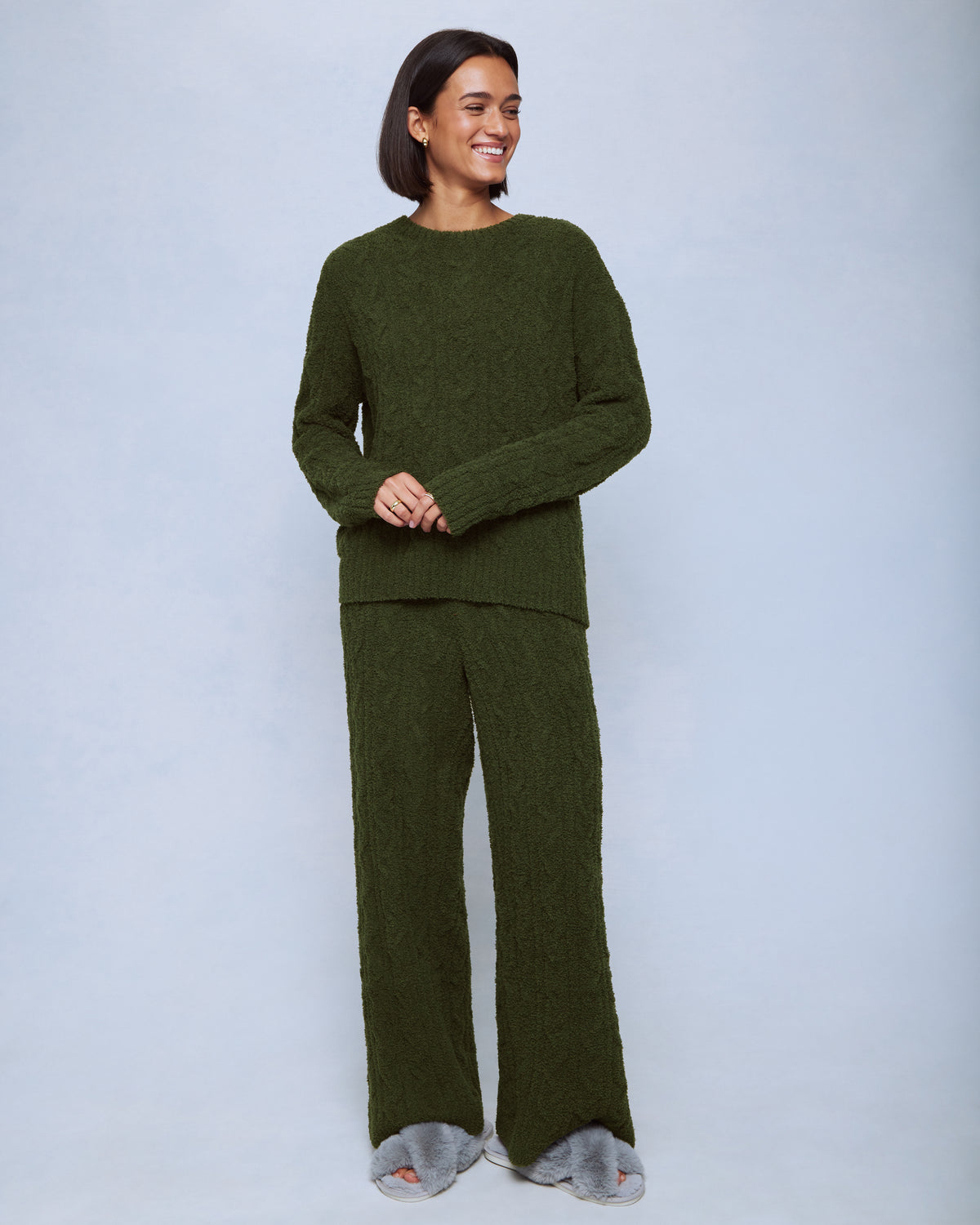 Splendid Cozy Fuzzy Cable Wide Leg Set in Pine