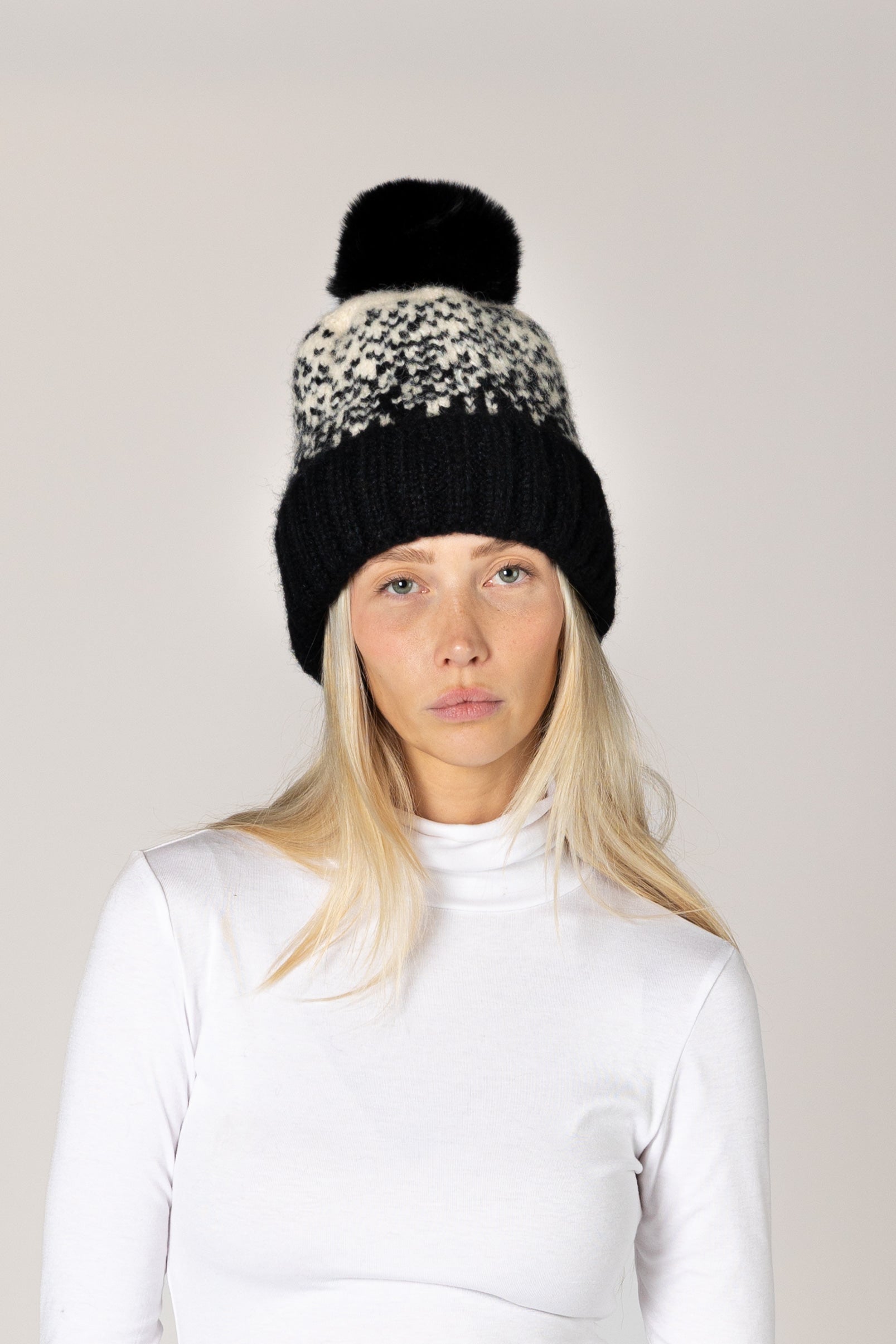 Lyla & Luxe Lined Faux Fur Pom Pom Hat in White/Black Fade