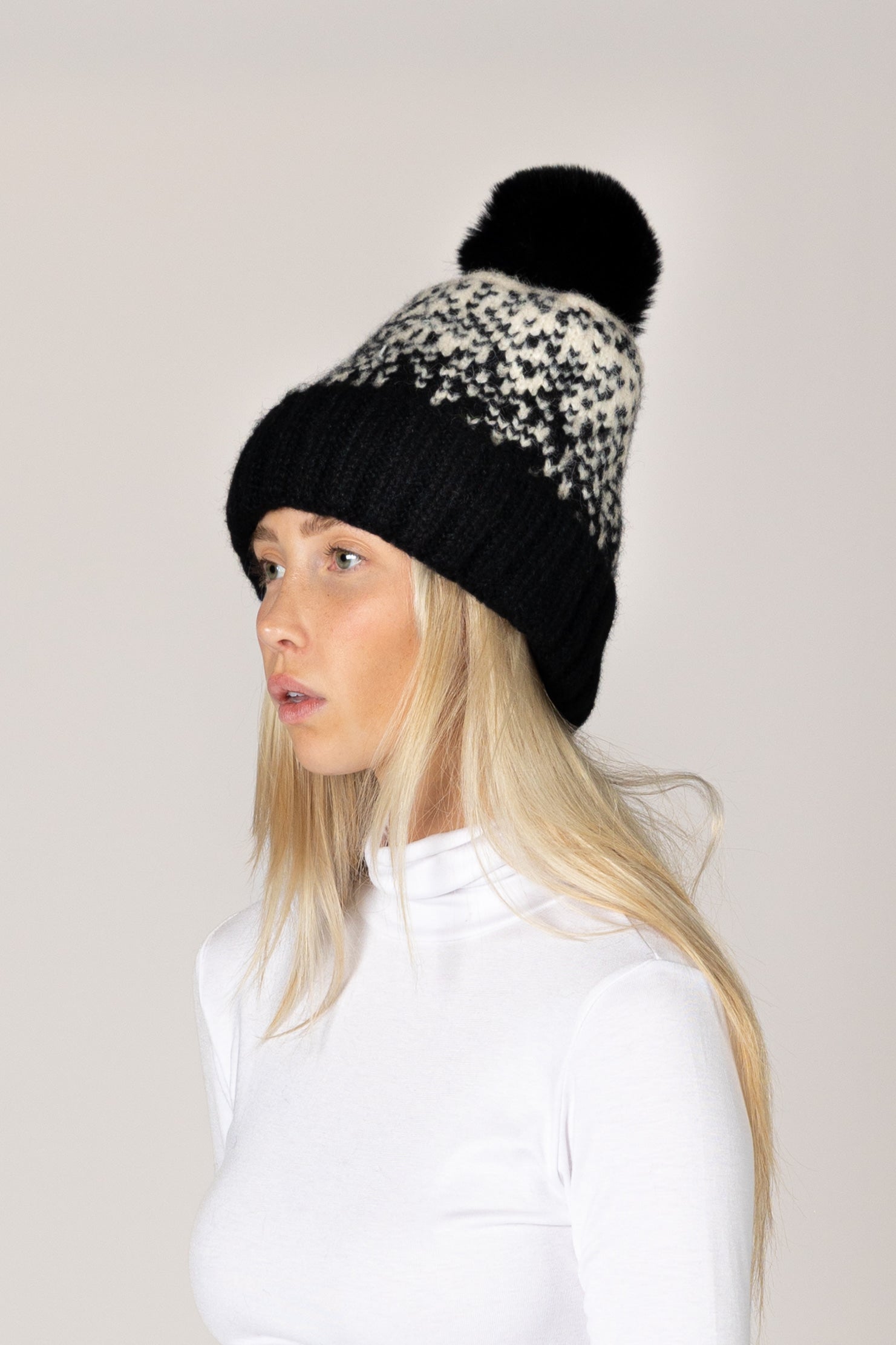 Lyla & Luxe Lined Faux Fur Pom Pom Hat in White/Black Fade