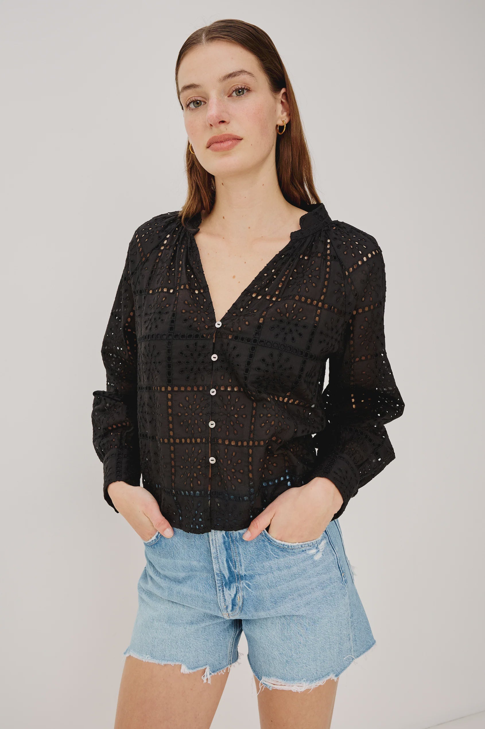 Rails Francine Beach Cotton Top in Black Grid Embroidery
