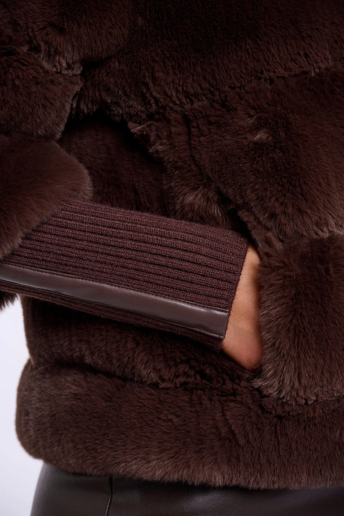 RINO & PELLE Feline Faux Fur Jacket with Rib Cuffs in Coffee Roast