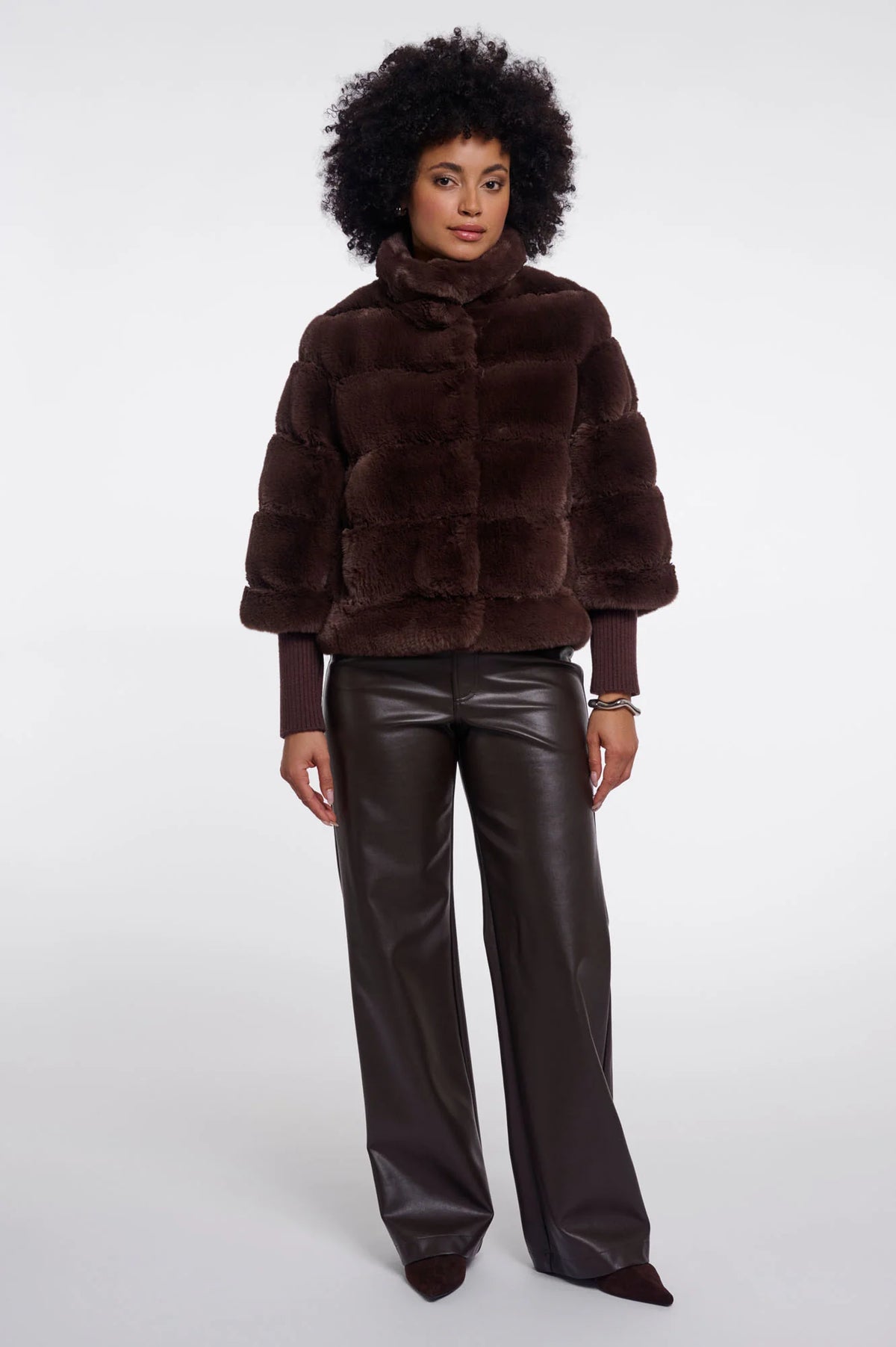 RINO & PELLE Feline Faux Fur Jacket with Rib Cuffs in Coffee Roast