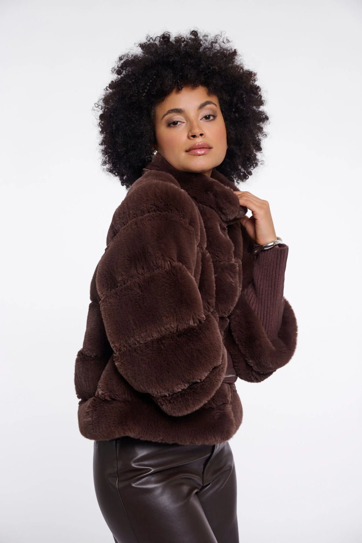 RINO & PELLE Feline Faux Fur Jacket with Rib Cuffs in Coffee Roast