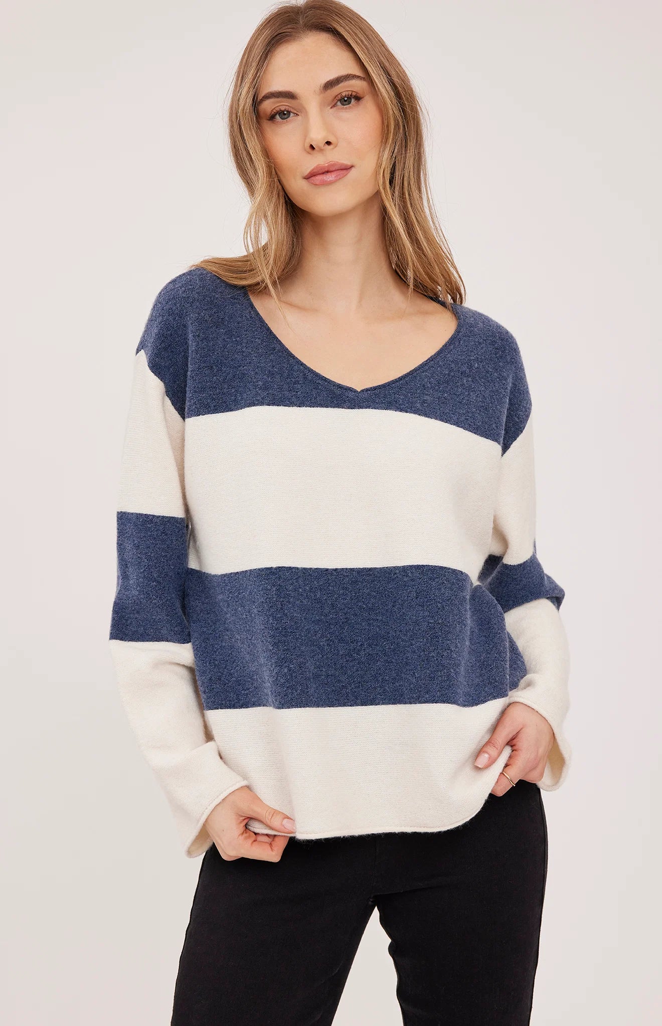 Gentle Fawn Annalise V-Neck Sweater in Navy Stripe