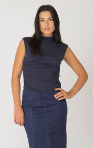 Black Tape Sleeveless Ruched Side Mockneck in Navy