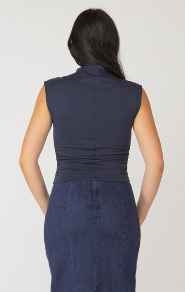 Black Tape Sleeveless Ruched Side Mockneck in Navy