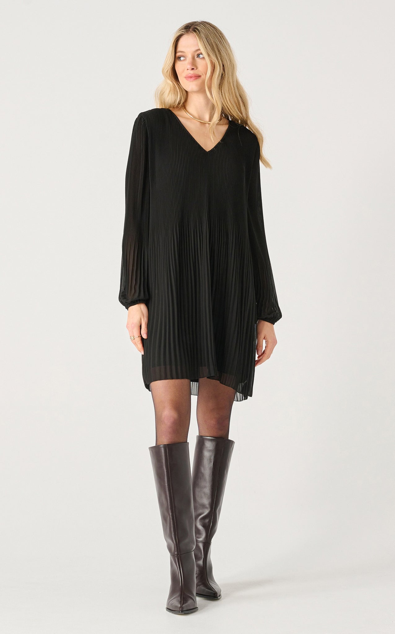 Black Tape Long Sleeve A-Line Pleated Dress in Black