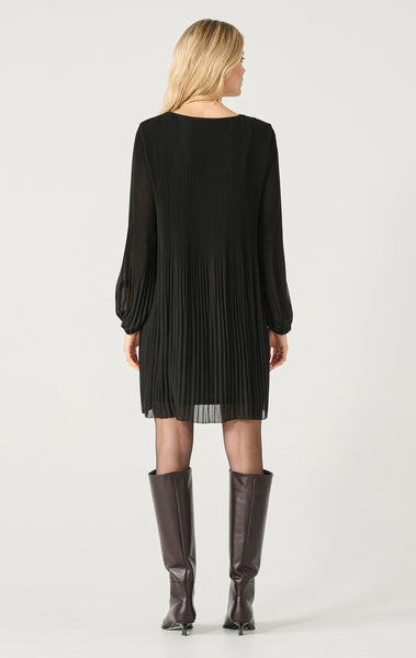 Black Tape Long Sleeve A-Line Pleated Dress in Black