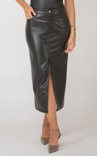 Black Tape Faux Leather Midi Skirt in Black