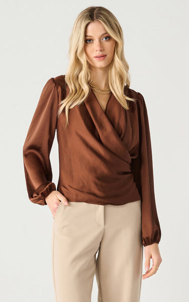 Black Tape Long Sleeve Soft Wrap Blouse in Cognac