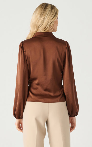 Black Tape Long Sleeve Soft Wrap Blouse in Cognac