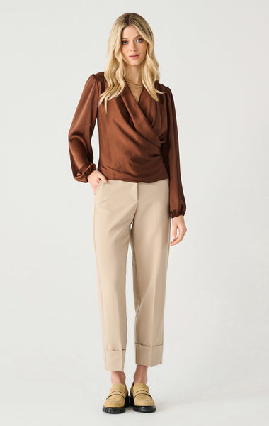 Black Tape Long Sleeve Soft Wrap Blouse in Cognac