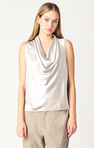 Black Tape Sleeveless Drape Neck Blouse in Pearl