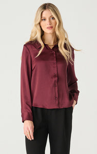 Black Tape Long Sleeve Flowy Satin Blouse in Burgundy