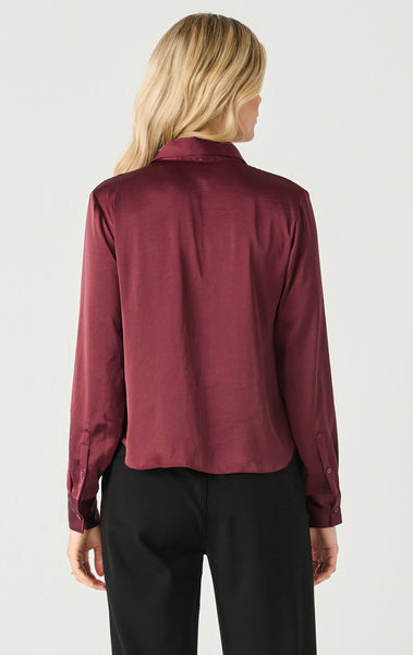 Black Tape Long Sleeve Flowy Satin Blouse in Burgundy