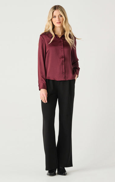 Black Tape Long Sleeve Flowy Satin Blouse in Burgundy