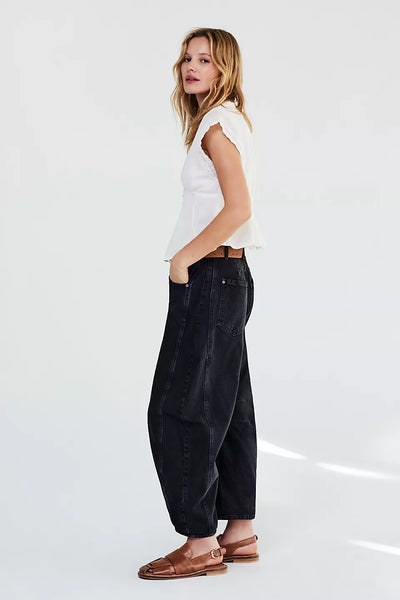 Free People Good Luck Mid Rise Barrel Jean in Soundwave