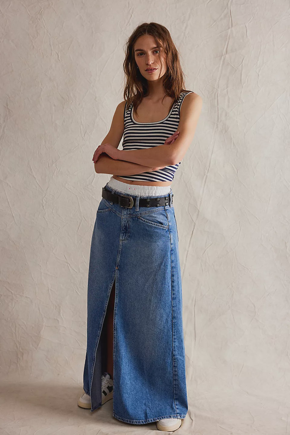 Free People Come as you Are Denim Maxi Skirt Sapphire