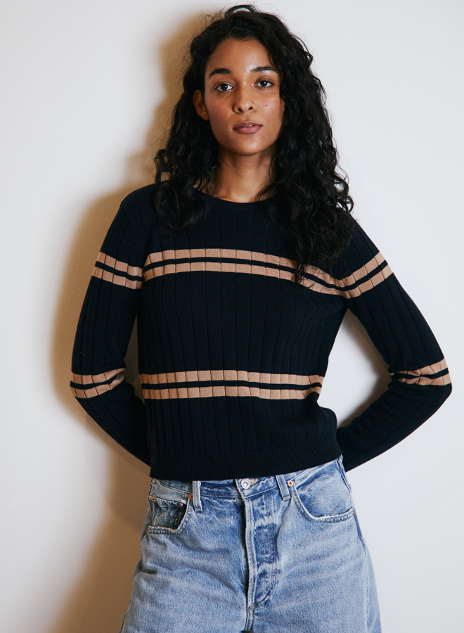 autumn cashmere cropped panel rib crew top navy/camel