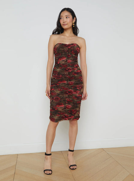 L'AGENCE Caprice Strapless Midi Dress Army/Pink Mix