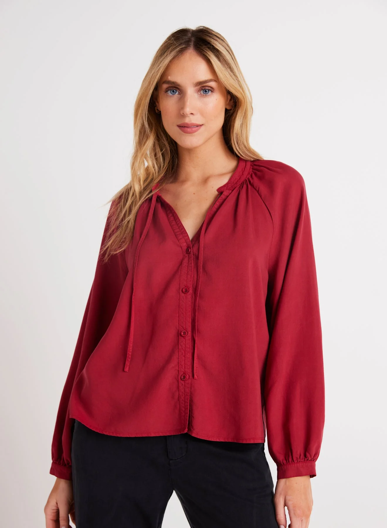 bella dahl full sleeve raglan button down in ruby red