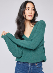 Gentle Fawn Tucker V Neck Sweater in Heather Pine