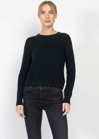 autumn cashmere scallop shaker sweater in navy blue