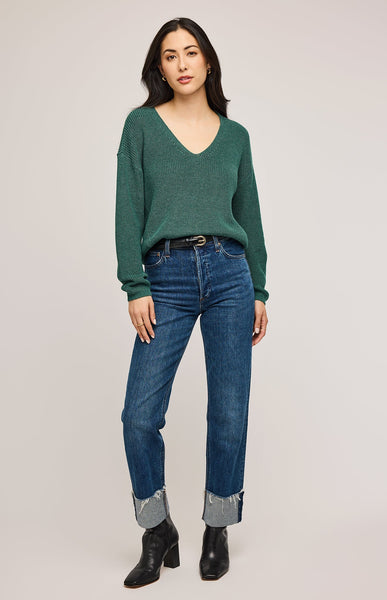 Gentle Fawn Tucker V Neck Sweater in Heather Pine