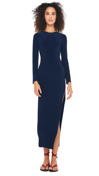 Norma Kamali Long Sleeve Crewneck Side Slit Gown in Navy