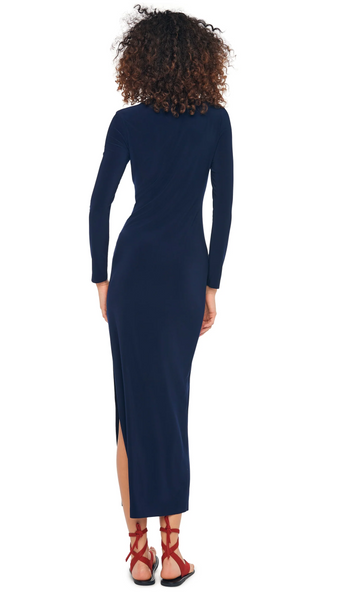 Norma Kamali Long Sleeve Crewneck Side Slit Gown in Navy