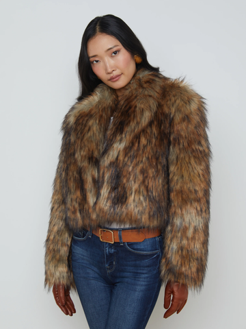 L'AGENCE Aura Crop Faux Fur Coat in Tan/Black