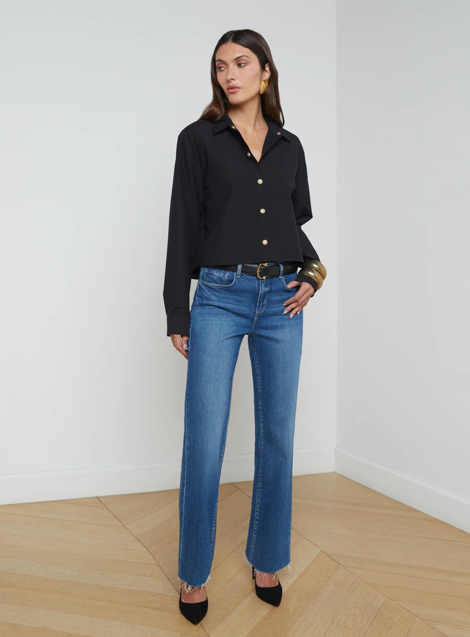 L'AGENCE Cosette Crop Hi Low CottonMix Shirt in Black