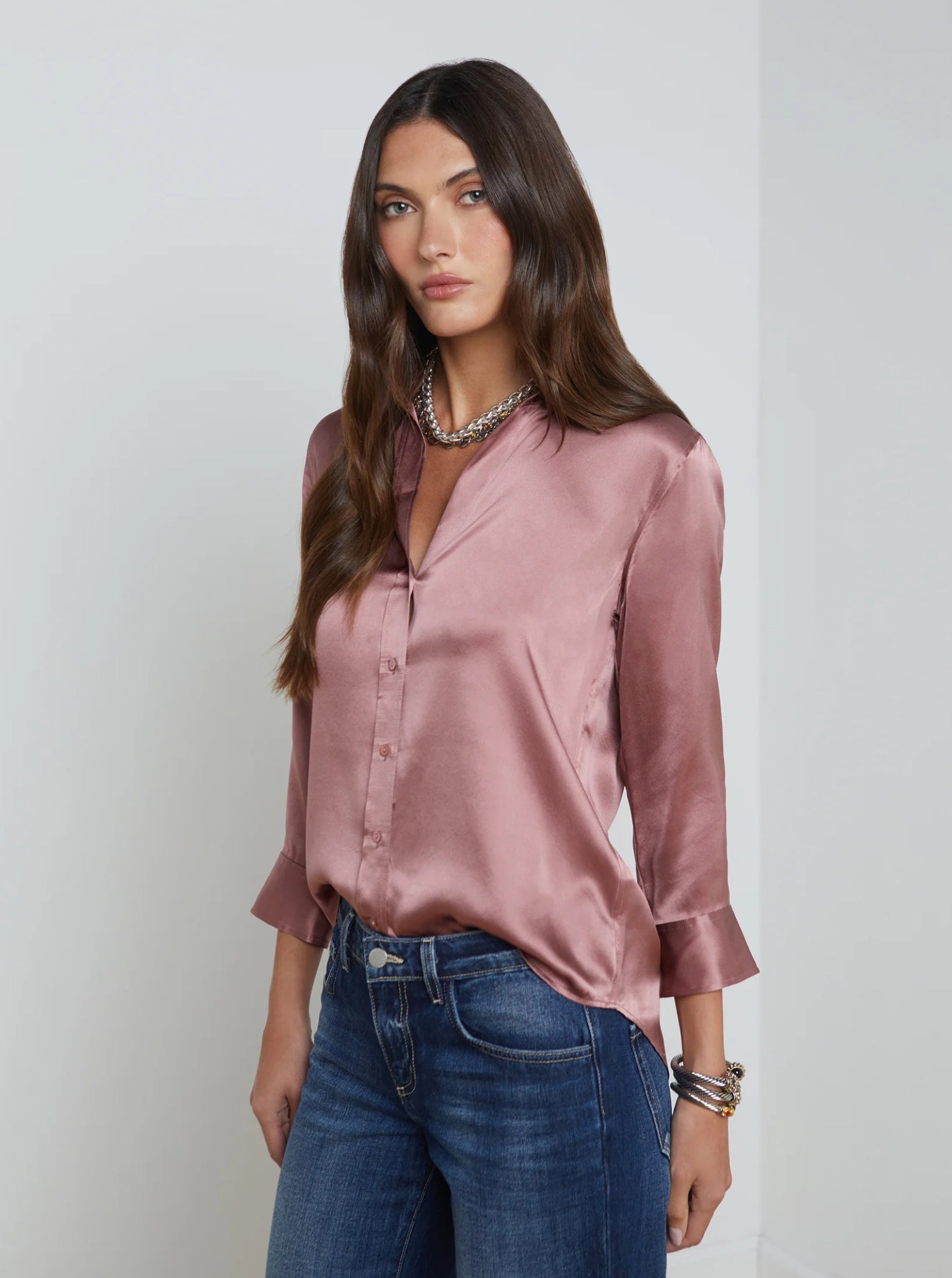 L'AGENCE Dani 3/4 Sleeve Blouse in Mauve Rose