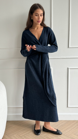 Charli Keira tie front soft wool blend dress in midnight