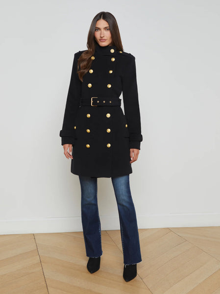 L'AGENCE Nalini Military Belted Wool Nylon Coat Black