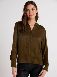 bella dahl cupro satin mandarin collar shirt autumn olive