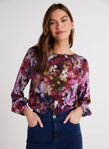 bella dahl smock neck raglan sleeve top in twilight fleur