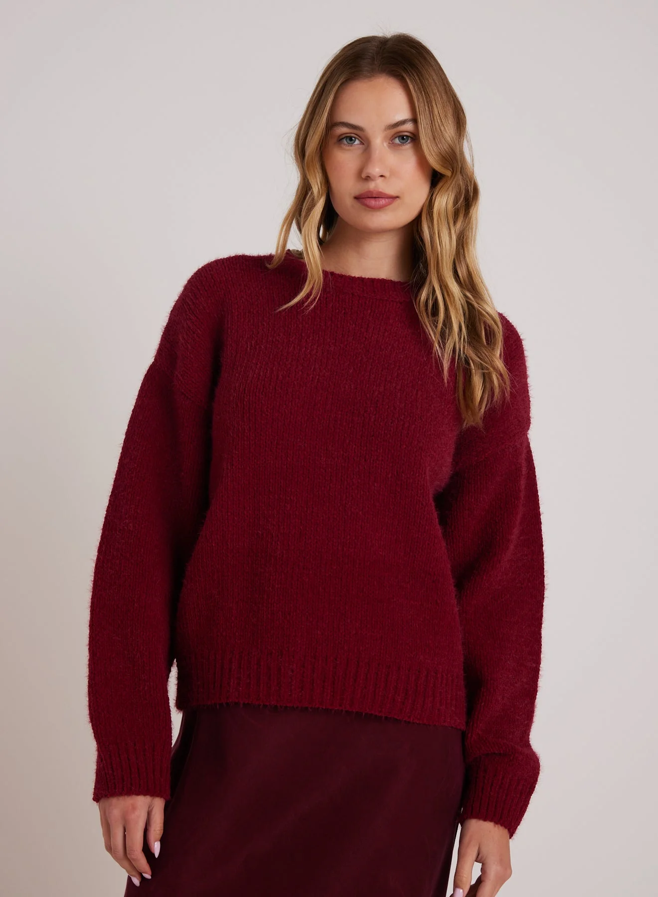 bella dahl fuzzy chenille drop shlder sweater deep plum