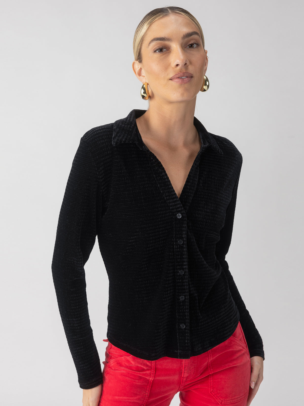 Sanctuary Textured Velvet Button Up Top in Black