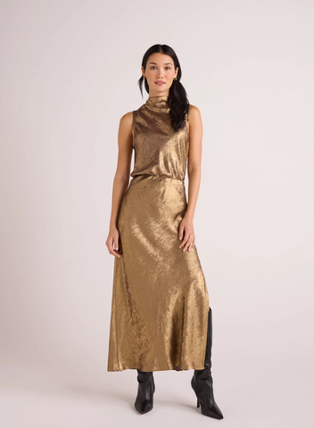 bella dahl side slit bias maxi skirt in gold metallic