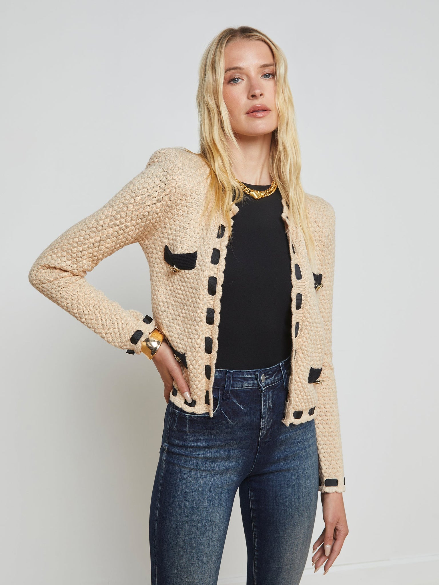 L'AGENCE Astor Contrast Trim Cardi in Biscuit/Black