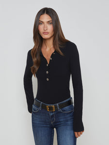 L'AGENCE Sterling Jewel Button Collar Sweater in Black